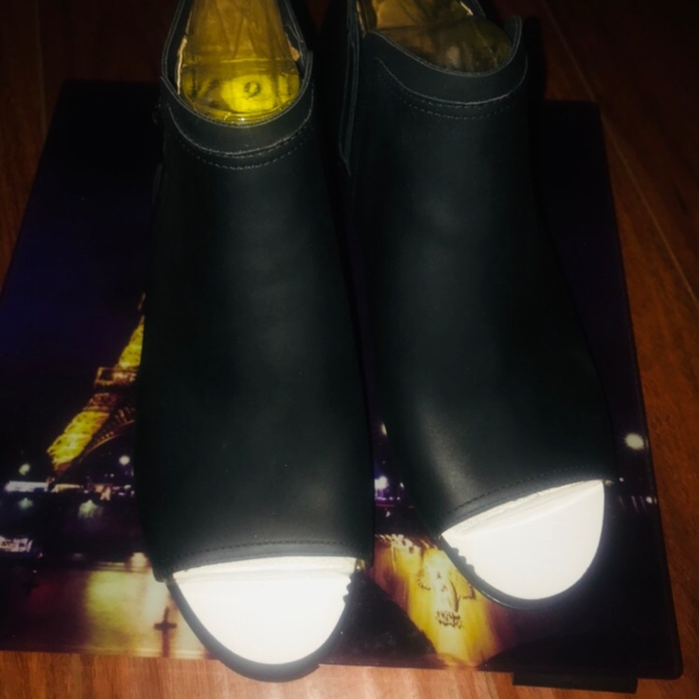 Black faux leather peep toe booties
